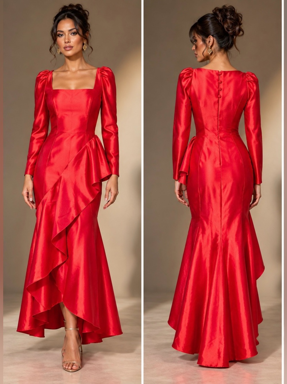 Vintage Red Satin Square Neck Ruffle High Low Prom Dress Gown Medium 8